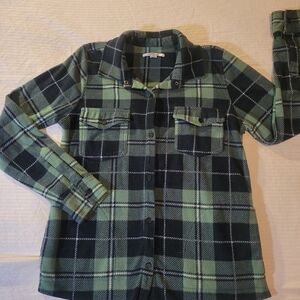 O'Neill Black and Green Plaid Women's Fleece Button Down Shirt